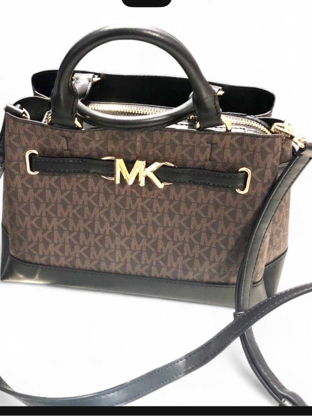 Michael Kors Brown and Black MK Logo Satchel with Gold Hardware